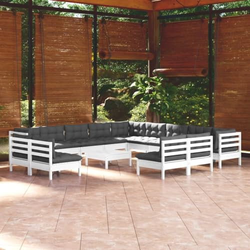 HEFZGDB 14-TLG. Garten-Lounge-Set mit Kissen Weiß Massivholz Kiefer Gartenstühle Gartenmöbel Set Gartentisch Geeignet für Terrasse, Garten, Pool.