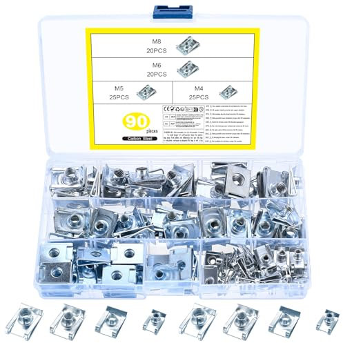 90 Pcs Car U Nut Clips, Automobile Fastener U Clip-On Nuts, Auto Fastener Clips Assortment, Metal U-type Car Body Undertray Fender Screws U-Clips, U Nut Clamps for Auto Dash Door Trim Interior Clips