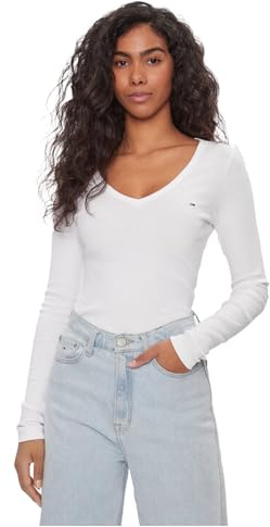 Tommy Jeans Donna Maglietta Maniche Lunghe Slim Fit Essential V-Neck Scollo a V, Bianco (Ecru), M