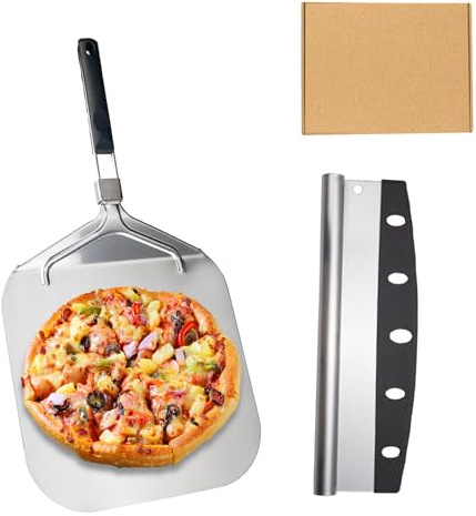 JasCherry Pizza Peel Set avec Coupe Pizza et Pelle à Tarte à Pizza pour Pizzas, Pelle a Pizza Coulissante avec Poignée Pliable pour Pizzas,Tarte Flambée, Barbecue et Pain