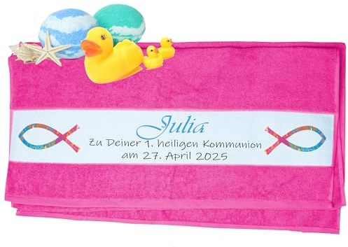 Kommunion Geschenk Handtuch personalisiert mit Namen bedruckt Fisch| Duschtuch, Badetuch, Saunatuch, Sporthandtuch| Frottiertücher |Geburtstag, persönliche Geschenk Idee | Größe:70x140cm (Pink)
