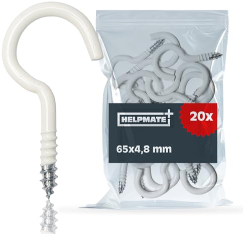 HELPMATE – Wäscheleinehaken weiß 65x4,8x22x18 mm – 20 Stück | Kunststoffbeschichteter Stahl in weiß – robuste Schraubhaken zur Befestigung von Wäscheleinen
