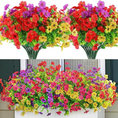 Laelfe 12 Bündel Kunstblumen für Draußen, Künstliche Blumen wie echt Gefälschte Blumen mit Eukalyptusblättern Künstliche Balkonpflanzen Wetterfest für Outdoor Balkon Gärten Dekoration (Mischfarben)