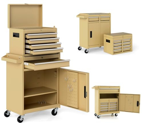 TANGZON Rolling Tool Chest, 2-in-1 Large Capacity Tool Cabinet with Wheels, 5 Drawers & Auto-Locking System, Heavy-Duty Metal Toolbox for Workshop, Warehouse, Garage (Yellow)