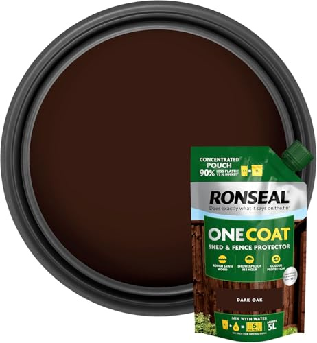 One Coat Shed & Fence Paint Refill Pouch – 950ml – Dark Oak – Mix with 4L Water to Make 5L – Same Formula as Ready-Mixed – Weatherproof Wood Paint for Fences & Sheds