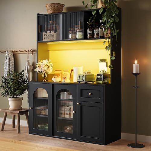 boorbin Küchenschrank mit Arbeitsplatte, Buffetschrank，Küchenbuffet,Mehrzweckschrank,Sideboard mit LED,Esszimmerschrank mit Verstellbaren Ablagen,für Küche Wohnzimmer Esszimmer (Schwarz)