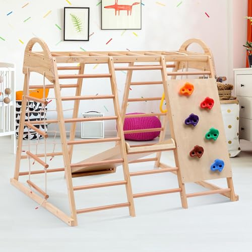 DHMYDPDZ 7 en 1 Toboggan en Bois pour Grimper et Glisser, Bois sûr Aire Jeux,Charge Max. 50 kg,avec Toboggan,Mur d'escalade,Barres Singe,échelle en Bois et Corde,Corde d'escalade et balançoire