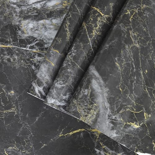 TOTIO Marmor Klebefolie Selbstklebend Hochglanz Schwarz Gold Glänzend für Küche Arbeitsplatte Möbel Wohnzimmer Tapete 40x300CM Schrankfolie Möbelfolie Schwarz Gold Marmor Folie Küche