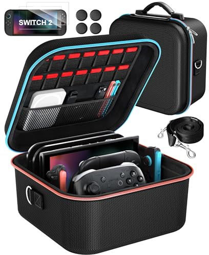 ivoler All-in-One Compact Carrying Case for Nintendo Switch 2(2025),Hard Shell with 2-Pack Screen Protector &2-Set of Thump Grips,Hold 14 Game Cartridges & Includes Strap,Black
