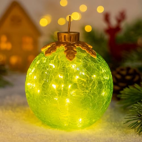 LED Weihnachtsdeko aus Glas, 12cm Weihnachtsbeleuchtung Dekokugel Batterie, Glas Weihnachtskugeln Weihnachten Deko mit Beleuchtung für Tisch, Fenster oder zum Aufhängen Weihnachtsschmuck (Grün)