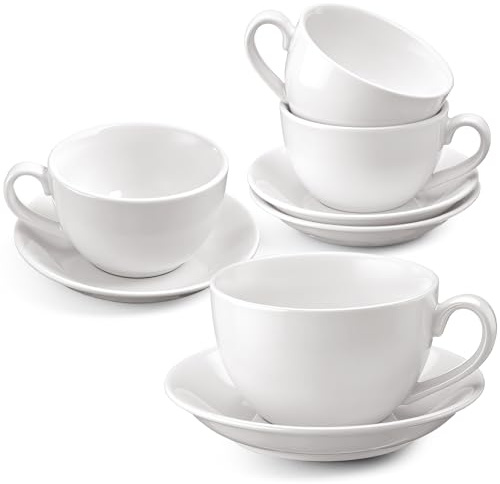 Acellegic 4 Set 16 oz Cappuccino Cups with Saucers Large Ceramic Coffee Mugs White Espresso Cup and Saucer Set Heavyweight Porcelain Housewarming Gift for Tea Espresso Latte Kitchen Cafe