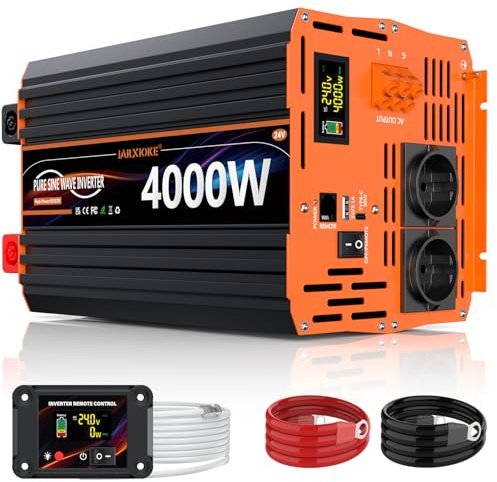 Convertisseur 24V 220V Pur Sinus 4000W/8000W Onduleur Transformateur de Tension Inverter avec écran LCD Télécommande & 2 Prises EU & Ports USB 3,4 A & Port de USB-C pour Camion,Camping-car park,Voyage