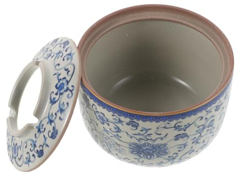 Homoyoyo Cenicero de Cerámica Profundo y Redondo con Tapa a Prueba de Viento Cenicero Decorativo en Tonos Azules Estilo Chino para Hogar y Oficina para Interiores