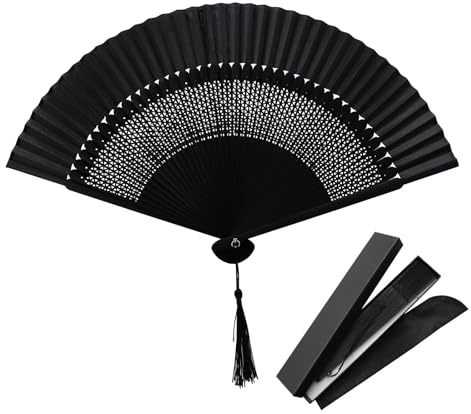 OMJMYY Handfächer Schwarz, Seide Faltfächer Faltbarer Bambus Fächer Taschenfächer Klappfächer mit Tassel und Einer Stoffhülle für Tanz Sommer Party Hochzeit Geschenke DIY Haus Dekoration
