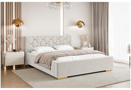 MEBLINI Versal Polsterbett 180x200 mit Stauraum - Lattenrost und Bettkasten - Kopfteil Bett mit Stauraum - Doppelbett - Stauraumbett - Betten - 180x200 - Creme Samt/H3 Matratze