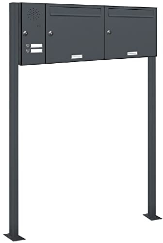 AL Briefkastensysteme 2er Standbriefkasten Anthrazitgrau RAL 7016 mit Klingel als 2 Fach Briefkastenanlage in Postkasten Doppel-Briefkasten Design modern
