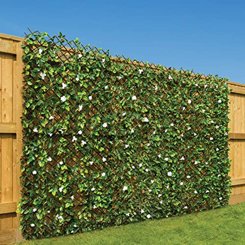 CHRISTOW Expanding Artificial Trellis Fake Leaf White Flower Hedge Garden Privacy Screening (1m x 2m)