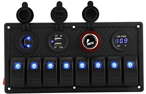 Qiilu Schalter Panel, 12v / 24v 8 Gang wasserdichte Auto Boot LED Wippschalter Systemsteuerung Dual USB Voltmeter Zigarettenanzünder für Wohnmobile, Boote, Autos, Motorhaus