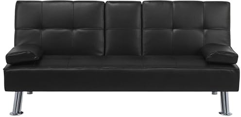 Beliani Sofá Cama 3 plazas de Tela Negra Mesa abatible Convertible Click clack Moderno Roxen