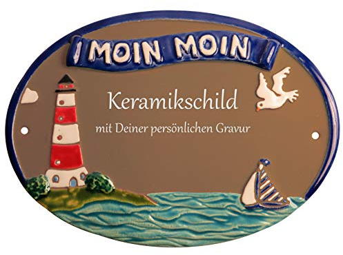 Handarbeit aus Schleswig-Holstein Keramikschild 23,5 x 17,0 cm Leuchtturm Moin Moin (braun)