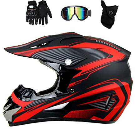 MRDEAR Motorradhelm, Motocross Helm Schwarz und Rot, Kinder Cross Helm, Full Face Motorrad Crosshelm Mopedhelm Dirt Bike ATV Off Road Racing Helm mit Brille Handschuhe Maske (4 Stück),L
