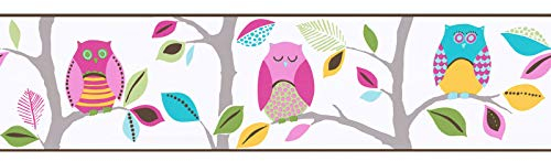 Bunte Bordüre mit Eule für Kinderzimmer | Selbstklebende Tapetenbordüre mit Vogel für Mädchenzimmer | Pinke Tapetenborte mit Vinyl