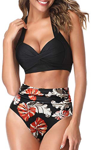 AOQUSSQOA Women Two Piece Tankini Swimsuits High Waist Halter Vintage Bikini Set Ladies Swimwear(Black Maple, M)