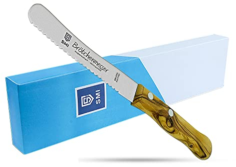 SMI - 22,5 cm Brötchenmesser Frühstücksmesser Wellenschliff Buckelsmesser aus Edelstahl,Olivenholz Griff, Nicht spülmaschinenfest