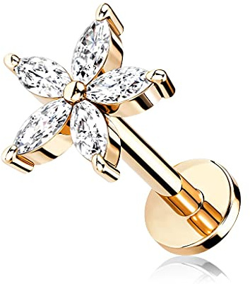 beyoutifulthings 1 Knorpel Ohr-Stecker Zirkonia Blume viele Farben 6/8 mm Länge Cartilage Piercing-s Labret Tragus Edelstahl Schraub-Verschluss