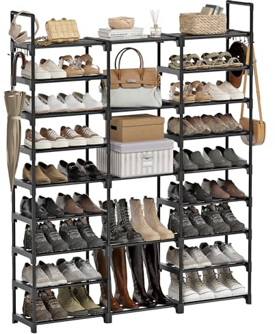 WOWLIVE 9 Tiers Large Shoe Rack Storage Organizer for Closet 50-55 Pairs Shoe Tower Unit Shelf Stackable Shoe Rack with Metal Pipes Plastic Connectors Black(SSS3B9)