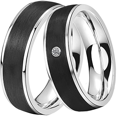 DOOSTI Damen Herren Ring Set Edelstahl Silber mit Einlage Carbon Schwarz als Partnerring Ehering Freundschaftsring Herrenring Damenring inkl. Gravur mit Namen (Ring mit Zirkonia, 56)
