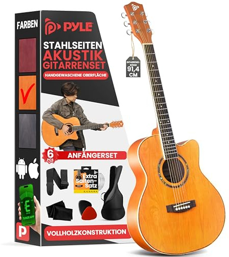 Pyle 6 String Acoustic Guitar Beginner Starter Kit Guitarra Acustica Bundle Pack with Cutaway Body Set for Students Practice, Kids, Adults, Right, Orange (PGA550CAOR)