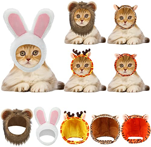 Weewooday 5 Pcs Cat Adorable Costume Bunny Hat with Ears Funny Mane Cat Hat for Pets and Small Dogs Kitten Puppy Party Costume Accessory Headwear(Rabbit, Lion, Leopard, Tiger, Giraffe)