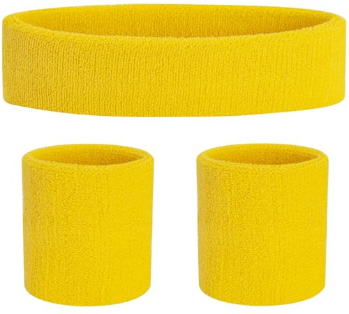 FACATH Sweatband Set Yellow Sports Headband Wristband Set Sweatbands Terry Cloth Wristband Athletic Exercise Basketball Wrist Band Headbands Moisture Wicking Sweat Absorbing Cotton Stripped Sweat Band