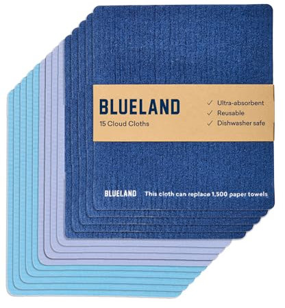 BLUELAND Cloud Cloth – 15 Stück schwedische Geschirrtücher – wiederverwendbares, ultra-saugfähiges natürliches Küchenschwammtuch aus natürlicher Baumwolle und pflanzlicher Zellulose – für Küche,