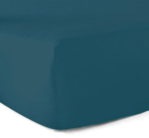 Drap-Housse 100% Coton 57 Fils - Bleu Canard - 160 x 200 cm - Bonnet 30 cm