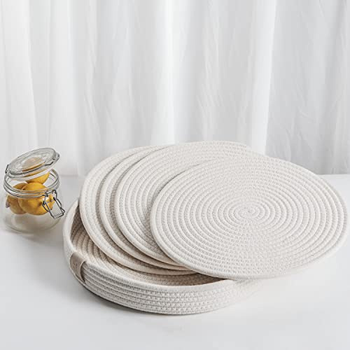 Art Pinecone Runde Tischsets aus gewebtem Baumwollseil, 4 Stück, mit Halter, rutschfest und hitzebeständig für Ihre perfekte Tischdekoration. (33 cm gebrochenes Weiß) | 33 cm runde Matten, maschinenwaschbar, dickes gewebtes Baumwollseil, Aufbewahrungshalter, alltäglicher Hitzeschutz
