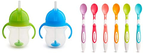 Munchkin Click Lock Tip and Sip Weighted Flexi Straw Cup, 7 oz/207 ml, Blue/Green, Pack of 2 & Soft Tip Infant Spoons, Pack of 6