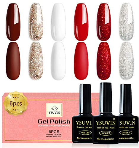 UV Nagellack, 6 Farben Rot weiß Glitzer Gold Splitter Gel Nagellack Set | YSUVIN Soak-Off UV Gellack für Frauen Home DIY Nail Art Maniküre Salon, Langlebig, 8ML