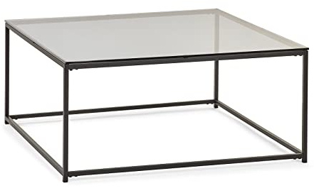 Julian Bowen Chicago Square Coffee Table, Smoked Glass/Black, One Size | Industrial Style Centre Table for Living Room, Large Square Tempered Glass Tabletop