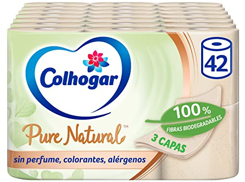 Colhogar Pure Natural 7 x 6, biologisch abbaubares Toilettenpapier, weich und robust, 3-lagig, dermatologisch getestet, 42 Rollen, natürliche Farbe