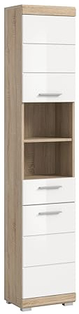 xonox.home Badezimmer Lambada X06F1711 Hochschrank Schrank Badezimmerschrank in Front weiß Hochglanz Korpus Sonoma Eiche hell ca.37x191x31 cm