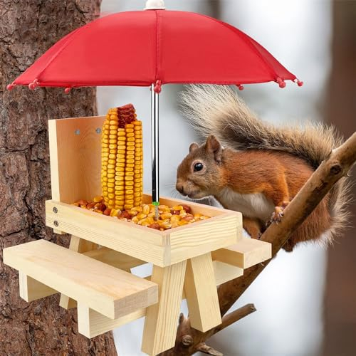 Eichhörnchen Futterhaus, Eichhörnchenkobel aus Holz zum Hängen mit Regenschirm und Maisständer für draußen Nager Futter Spender Station Haus