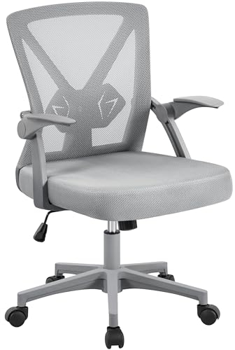 Yaheetech Bürostuhl Schreibtischstuhl mit hochklappbare Armlehnen, Drehstuhl aus Mesh, Office Chair Ergonomic, erstellbaren Lendenwirbelstütze, Wippfunktion, höhenverstellbar Grau