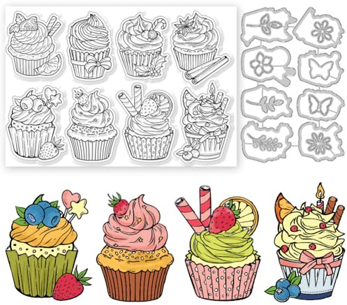 GLOBLELAND Transparente Cupcake-Stempel Und Stanzformen, Cupcake-Stempel Und Präge-Stanzformen, Silikon-Stempelkarten Und Metall-Stanzformen Für Kartenherstellung Und DIY-Präge-Scrapbooking