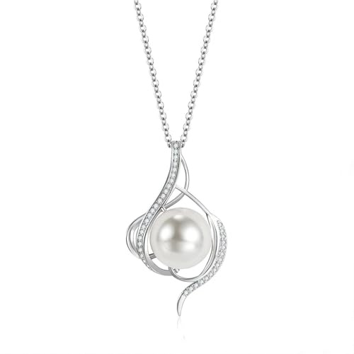 ankbrats 925 Sterling Silber Perlenkette Damen mit Süßwasser Perlen und Cubic Zirkonia, modische Muschel Form unten Klammer Perlenkette - Geschenk für Frauen und Mädchen