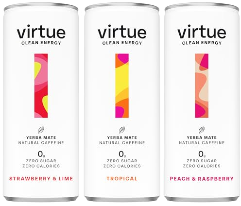 Virtue Clean Energy Mixed Pack - 12 x Yerba Mate Natural Energy Drinks - Sugar Free, Zero Calories, Vegan (12 x 250ml) [Strawberry & Lime, Tropical, Peach & Raspberry]
