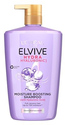 L’Oréal Paris Elvive Hydra Hyaluronic Shampoo XL for Dehydrated Hair, Powered with Hyaluronic Acid, For Plumped, Bouncy And Shiny Hair, 1L