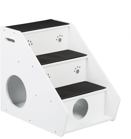 Relaxdays Hundetreppe 3 Stufen, Hunde & Katzen, HBT 52,5x42x60 cm, Haustiertreppe Teppich, Bett & Couch, weiß/schwarz