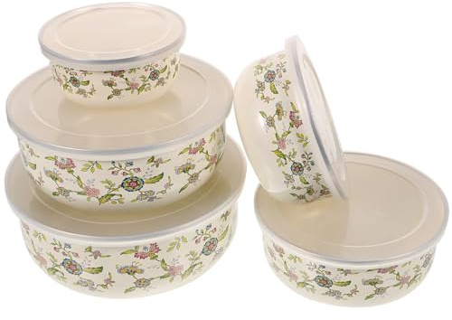 ABOOFAN Enamel Bowls with Lids Set 5-Piece Storage Bowls for Kitchen Salad Bowl with Lid Serving Bowl Set for Fruit Mixing Refrigeration and Freezing